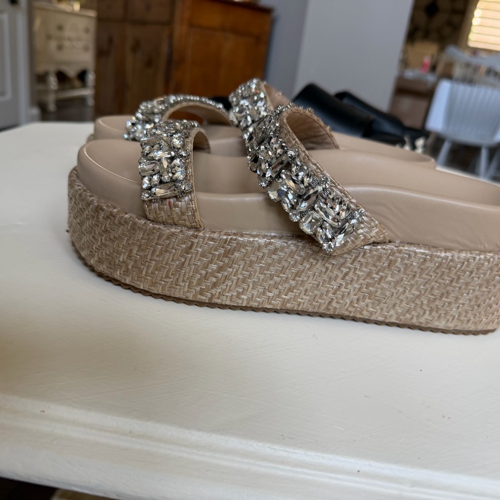 Beige Jeweled Platform Slide Sandals - Women